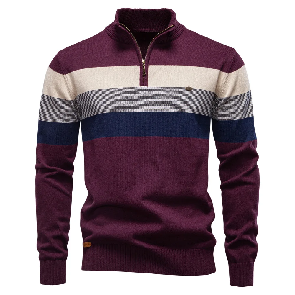 American European Autumn Winter New Fashion Men's Striped Casual Trendy Stand Collar Knitted Pullovers Male Sweaters Clothes