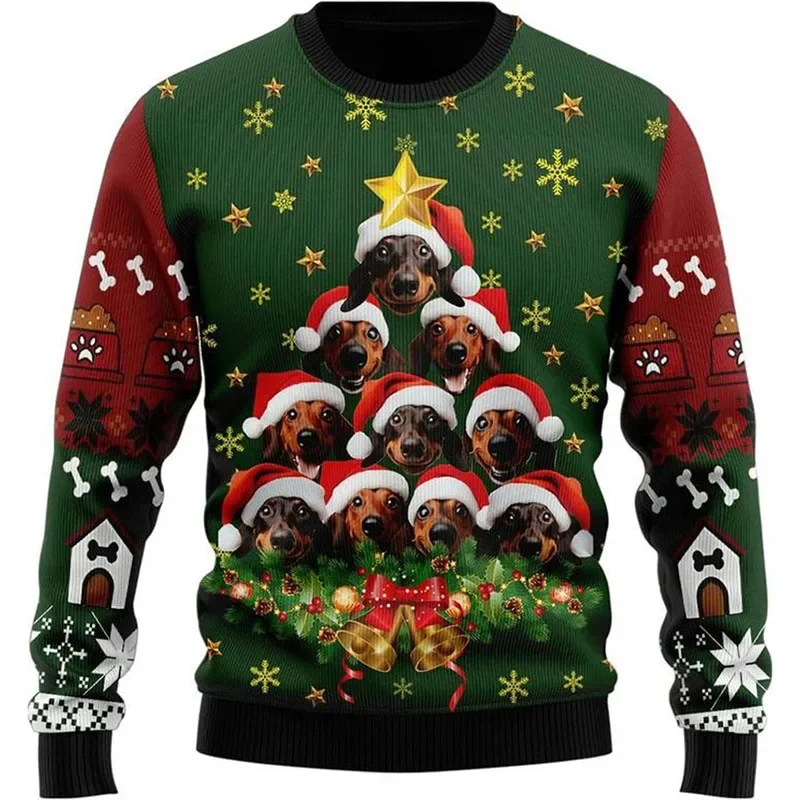 2025 New Men's Top Sausage Dog Ugly Christmas Sweater Men's and Women's Animal Dog Pattern Sportswear Long Sleeve Super Large Ho