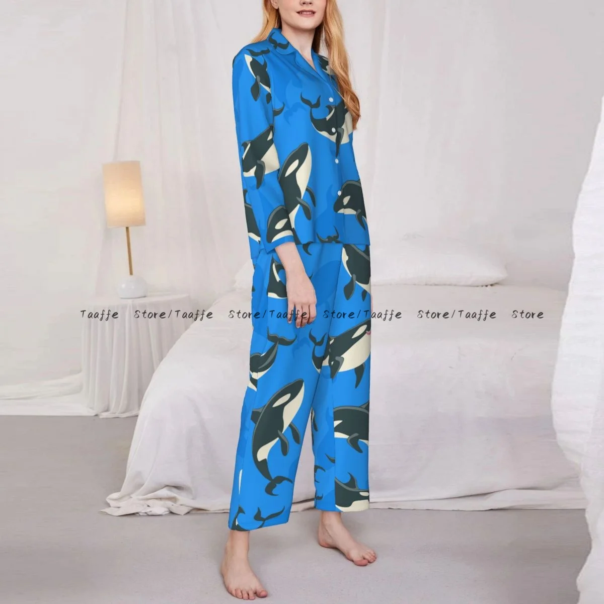 Spring and Autumn Pajama Set Women's Long Sleeve Pants Two Piece Orca Whale Sea Predatory Fish Home Furnishing Set