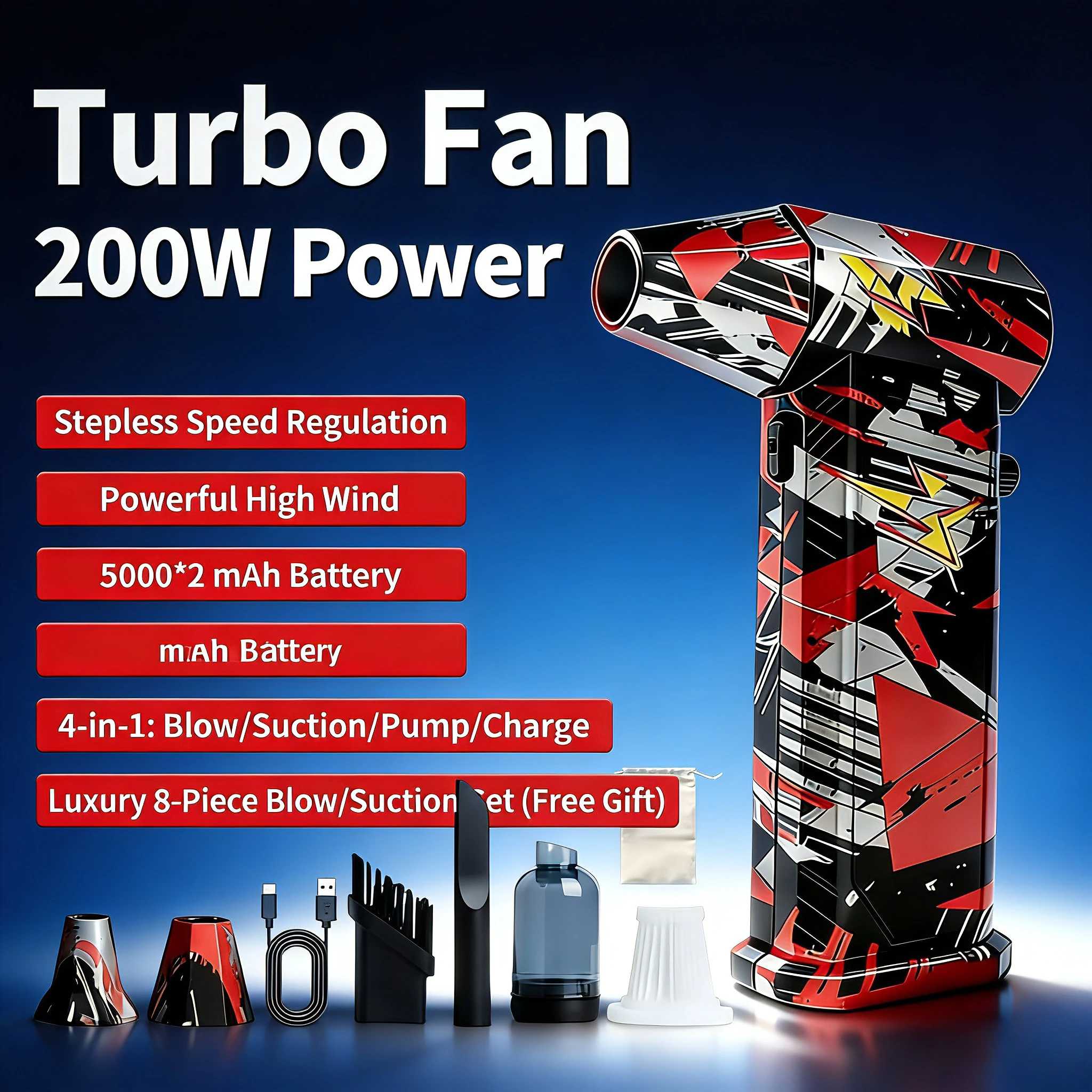 

Серебристо-красный турбореактивный фен X9, 300000 об/мин, скорость ветра 75 м/с, бесщеточный двигатель, перезаряжаемый, пистолет для мойки автомобилей, очиститель для снежной пыли.