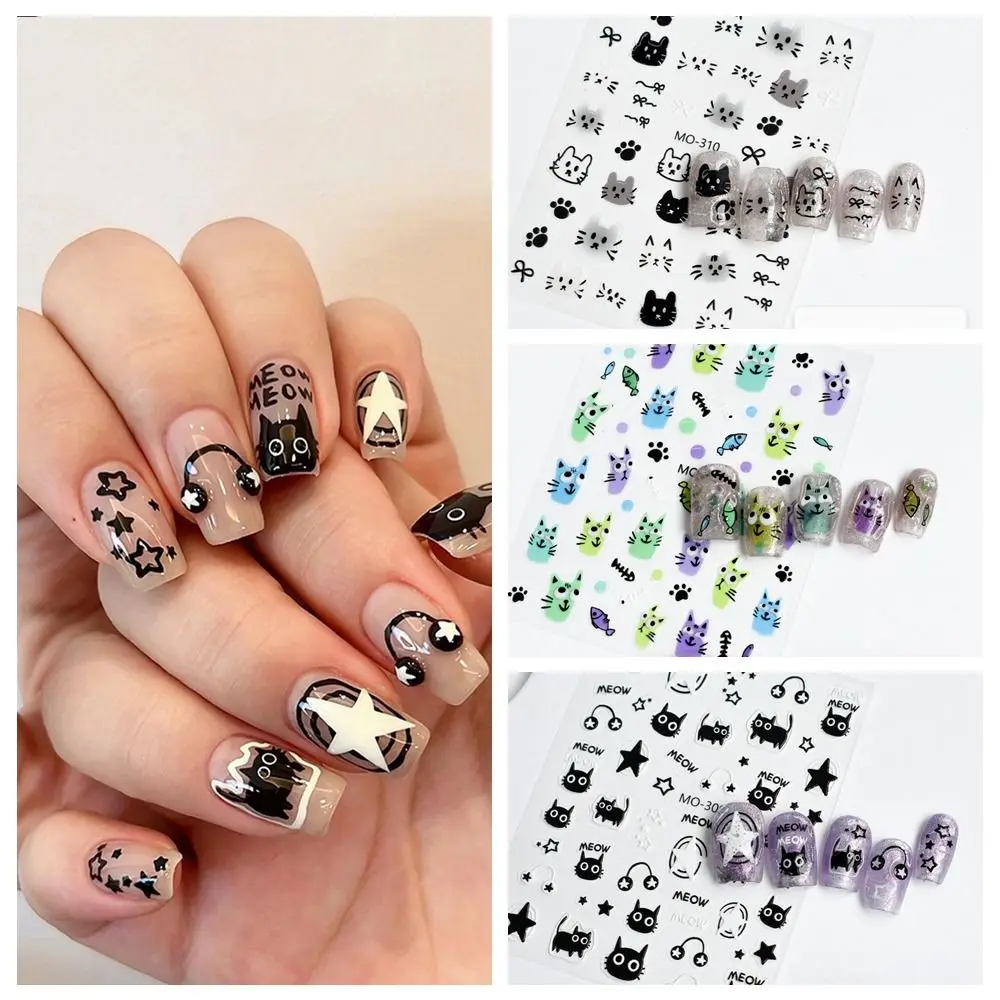 Funny 3D Black Cat Nail Stickers Cute Cartoon Nail Art Decoration Hand-painted Bow Manicure Accesories Girl