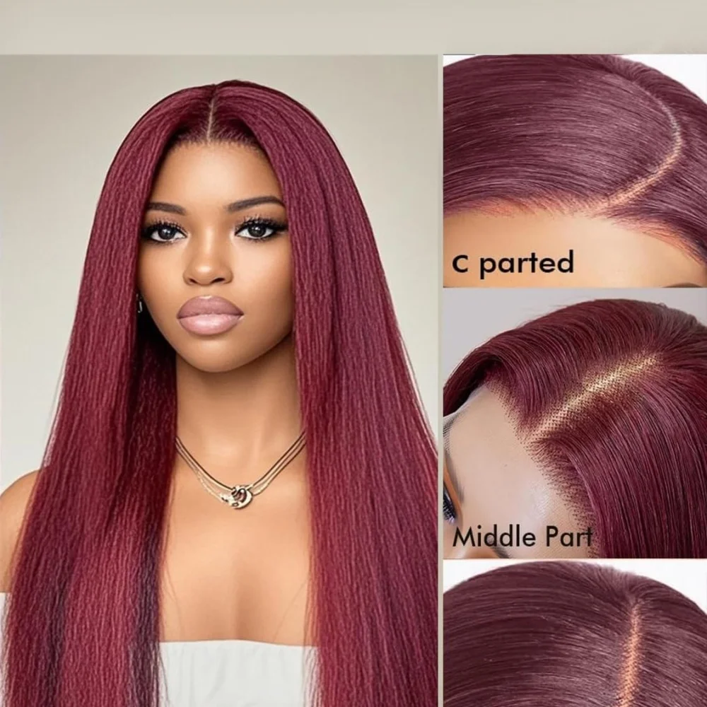 Pelucas frontales de encaje Borgoña liso rizado 13 × 4 cabello humano transparente prearrancado Color rojo 220 densidad peluca Frontal de encaje para mujeres 99J