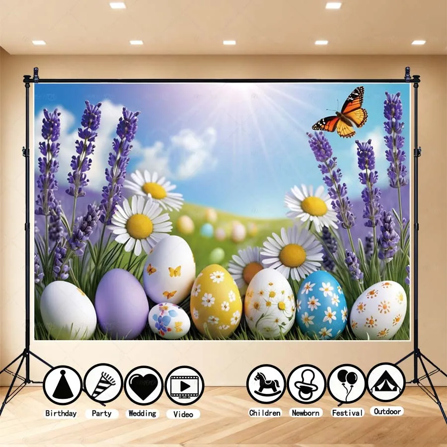 

MOON.QG Spring Easter Day Photo Backdrop Lavender Daisy Painted Egg Butterfly Sunlight Photography Background Party Home Decor