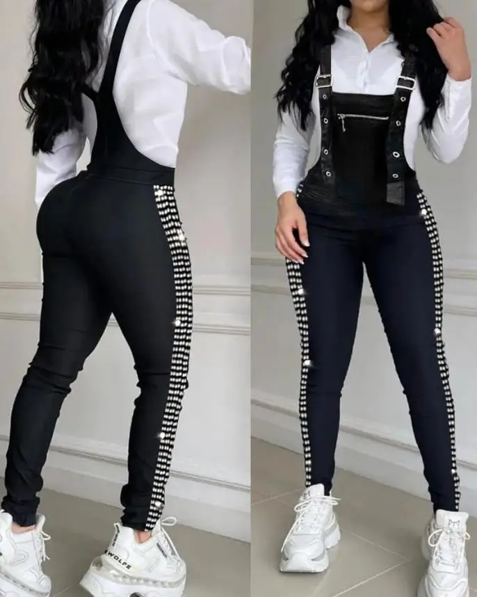 

Seam side rhinestone decorative buckle suspender jumpsuit with suspender style slim fit jumpsuit for women's summer niche style