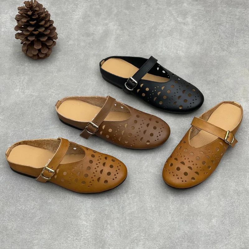 

Fashion Women's Genuine Leather Half Shoes Luxury Handmade Quality 2026 Summer New Hollow Breathable Outdoor Ladies Slippers