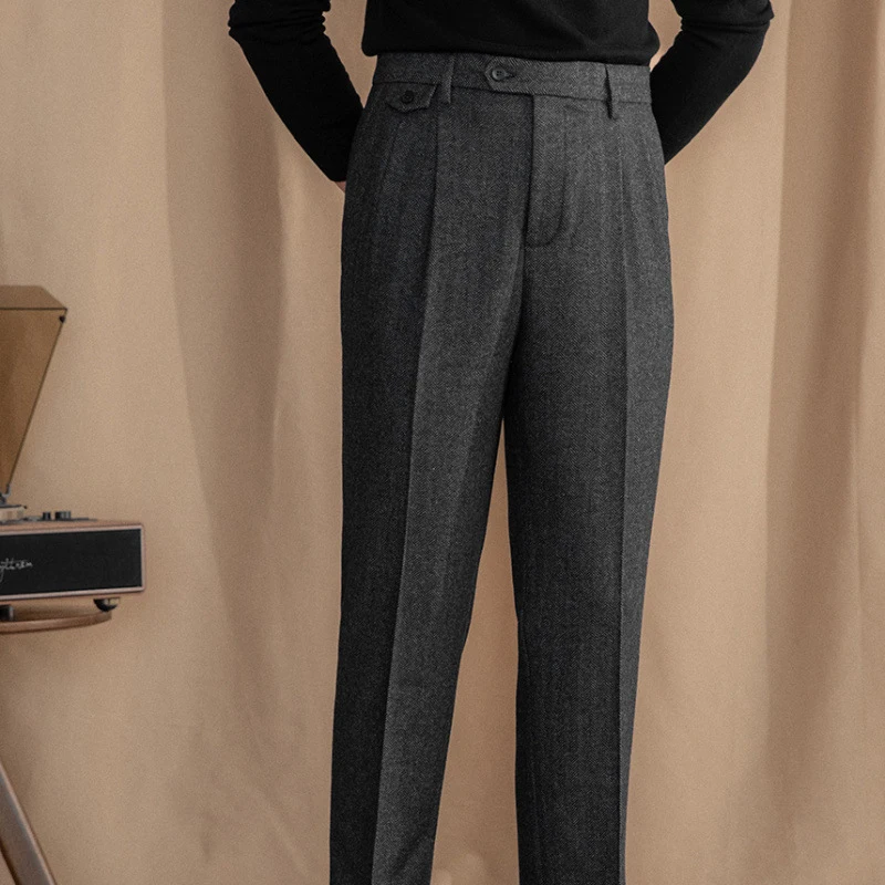 Italian Vintage Suit Pant For Men Autumn Winter Wool Herringbone Pattern Straight Trousers British Style Business Casual Pants