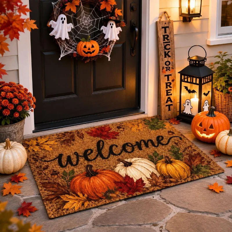 Fall Pumpkin Welcome Doormat Maple Leaf Harvest Print Indoor Outdoor Floor Rug Autumn Thanksgiving Carpet for Door Porch Decor