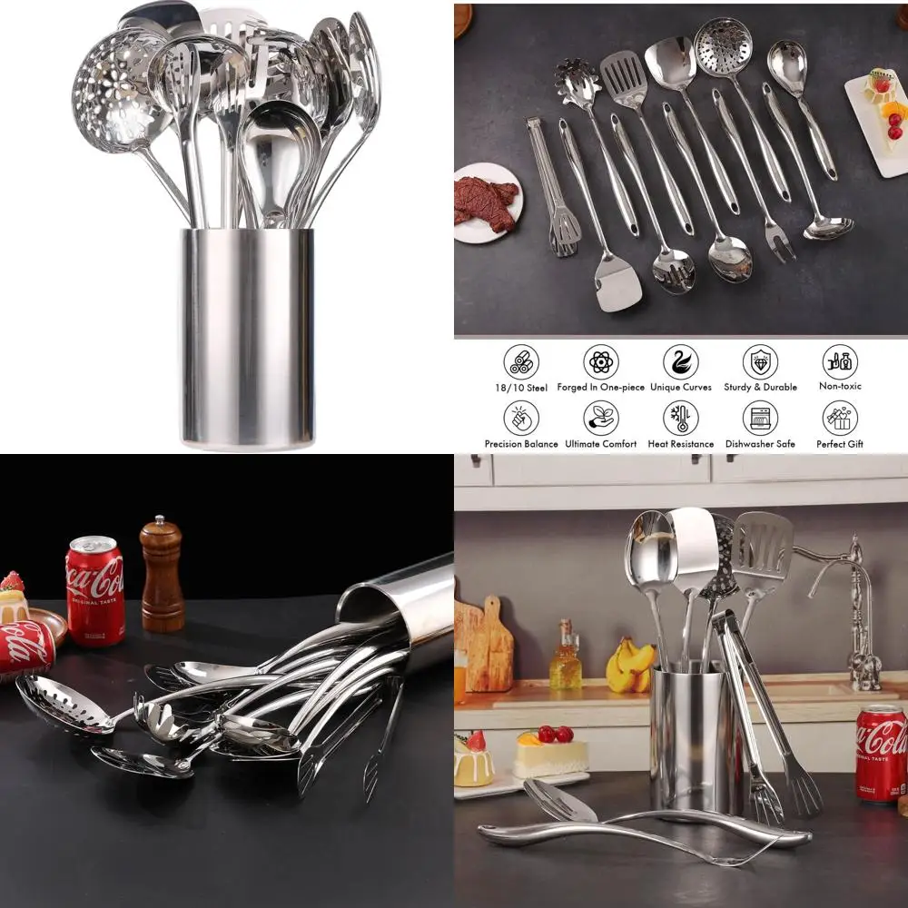

12-Piece 18/10 Stainless Steel Kitchen Utensil Set with Holder, 15 Countertop Organizer with Spatula, Spoon, Fork, Tongs, Ladle,