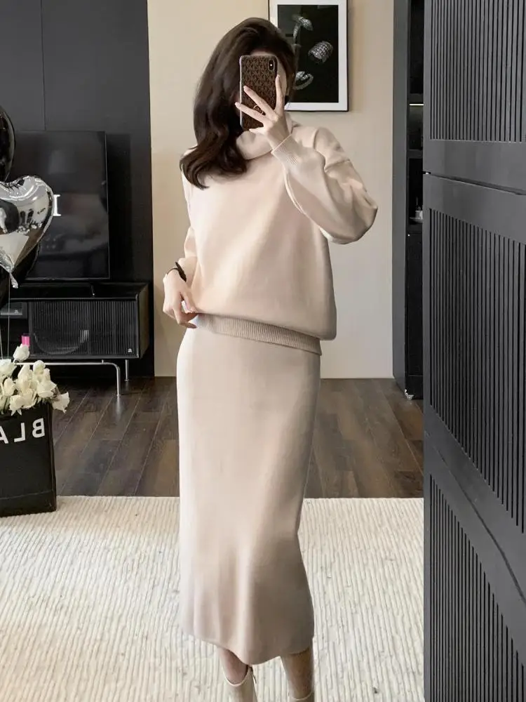 

Осень-зима женский бежевый красный пуловер с воротником вязаный свитер + тонкая талия с запахом на бедрах длинная юбка комплект из двух предметов популярный