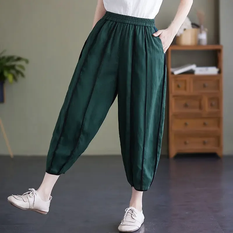 

Women's Spring Summer New High Waist Cotton Hemp Harlan Pants Fashion Retro Striped Pants Casual Pocket Versatile Cropped A57