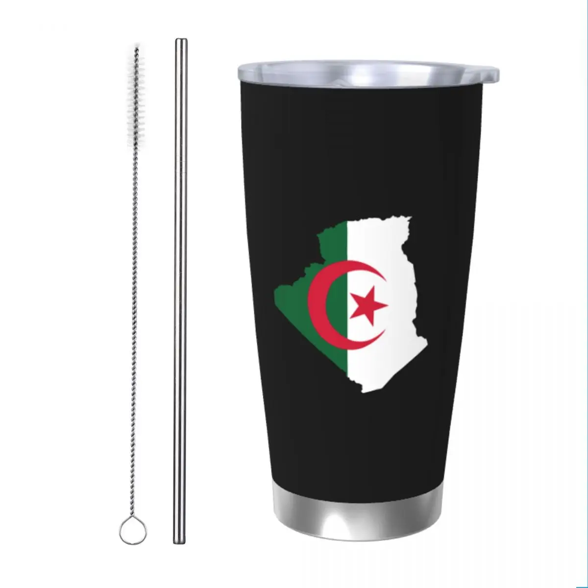 Algeria Map Flag Face Insulated Tumbler with Straws Lid Stainless Steel Thermal Mug Outdoor Travel Car Bottle Cups, 20oz