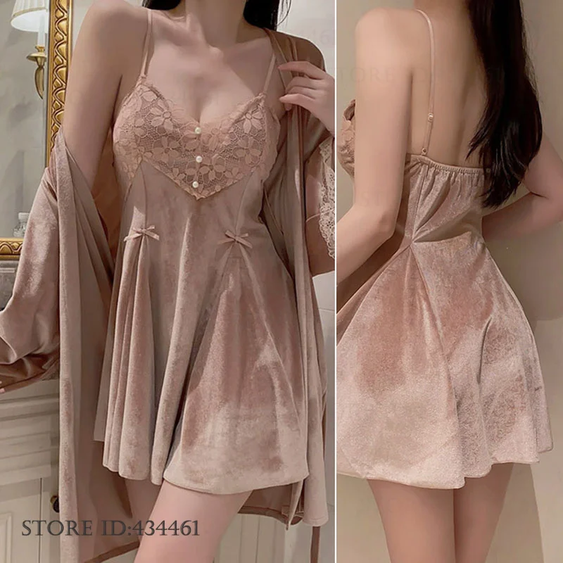 

Сексуальный бархатный комплект-двойной халат, женское нижнее белье, лоскутное кружевное ночное белье на подтяжках, одежда для сна, осенне-зимнее домашнее платье, одежда для дома