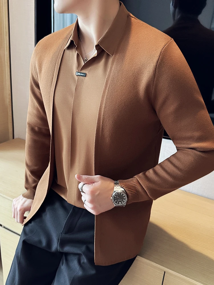 

Busin Casual Knitted Open Cardigan Men's irt Collar Sl Sweater Autumn Faion Slim Fit Long Sve Youth Sle