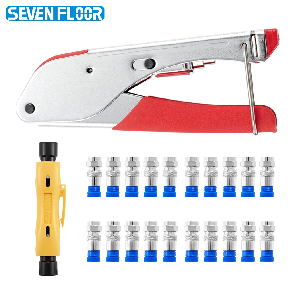 Coaxial Cable Crimping Pliers Set RG6 RG59 Wire Stripper Crimper Tool Kit 20pcs F Compression Connectors