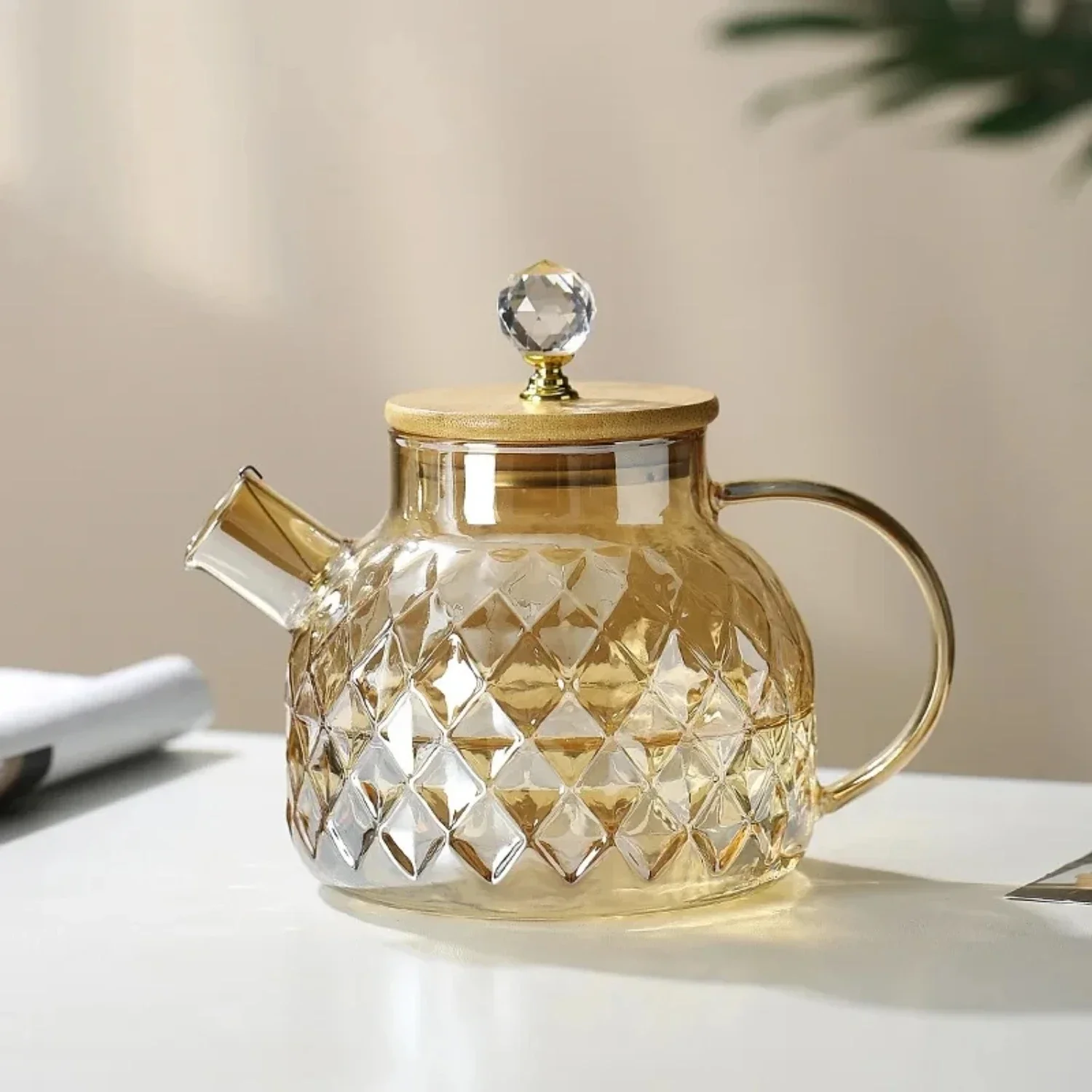 Luxurious high-end Nordic style heat-resistant glass tea kettle with thicken bamboo lid - top-quality premium perfect for househ