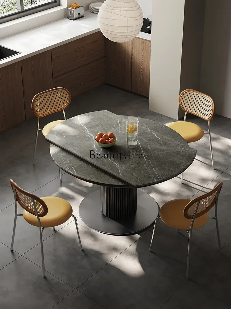 

01Italian minimalist round rock slab dining table square and round dual-purpose retractable round dining table
