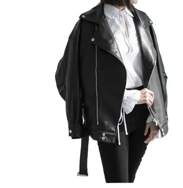 Women Loose Pu Leather Jacket Black Soft Faux Leather Jacket Street Moto Biker Leather Coat Jacket Lady Casual Outerwear