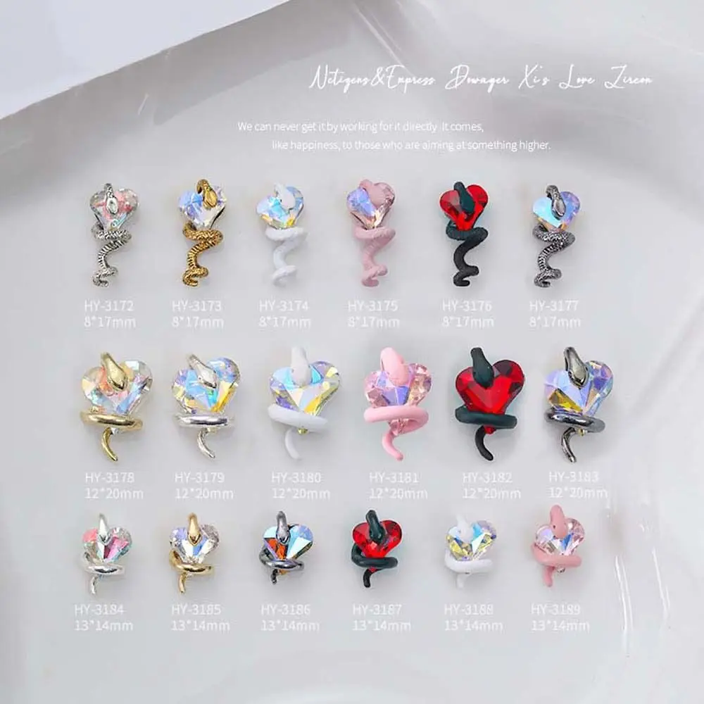 5 buah/Set DIY hiasan kuku ular hati hiasan manikur ornamen paduan kristal hati ular kuku Rhinestones cinta hati