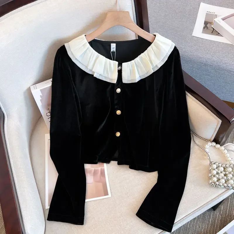 Elegant Slimming Ruffle Edge Silk Top Women's Autumn/Winter Fashion French Design Age-Reducing Sensibility Base Layer Top