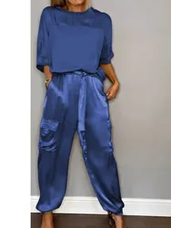Casual Satin Shirt Pant Sets Women Fashion Pure Color Pocket Pant 2 Piece Sets Women Outfit Summer Loose Shirts Suit Ladies