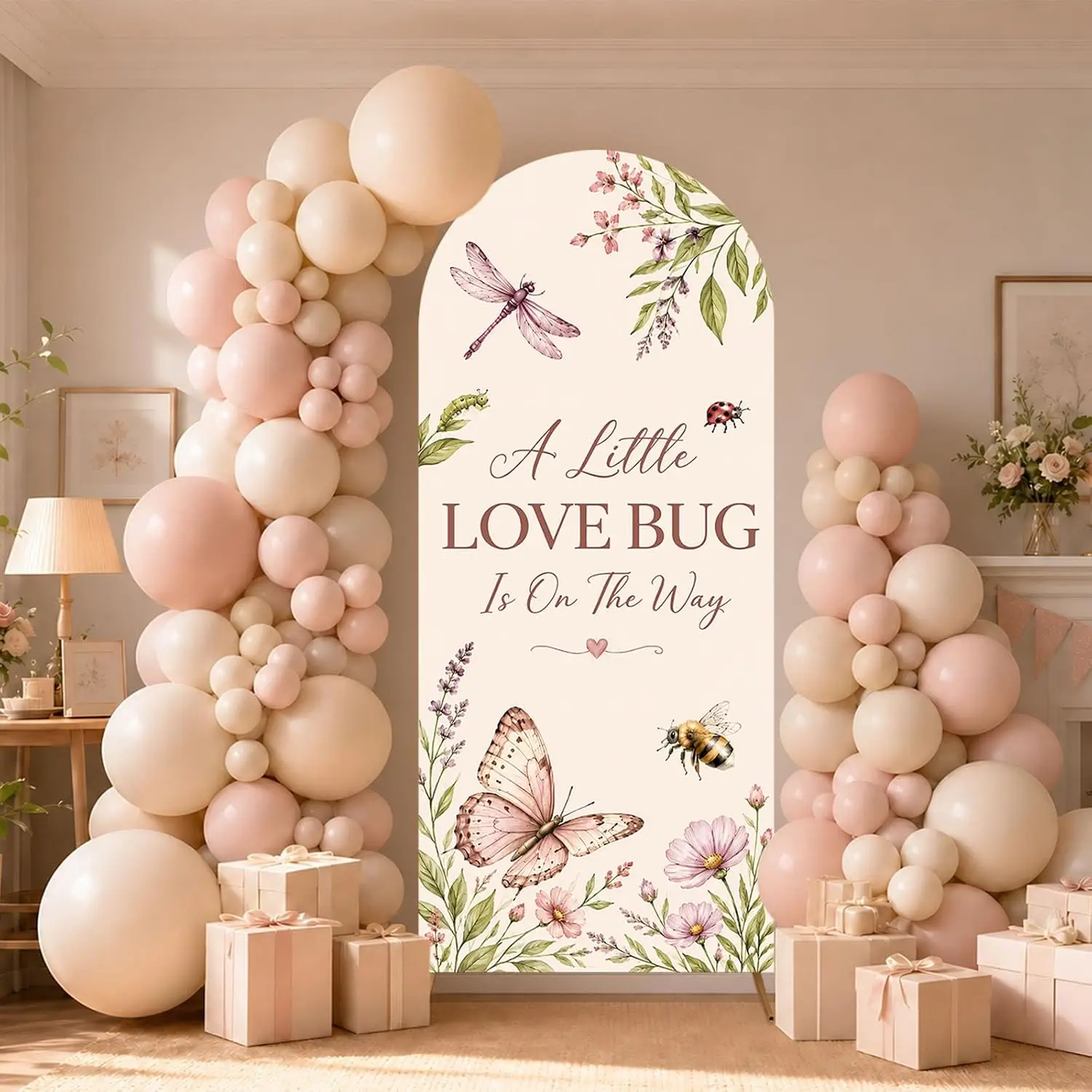 A Little Love Bug is on the Way Arch Backdrop Cover 2-sided Baby Shower Decor Ladybug Butterfly Gender Reveal Party Background
