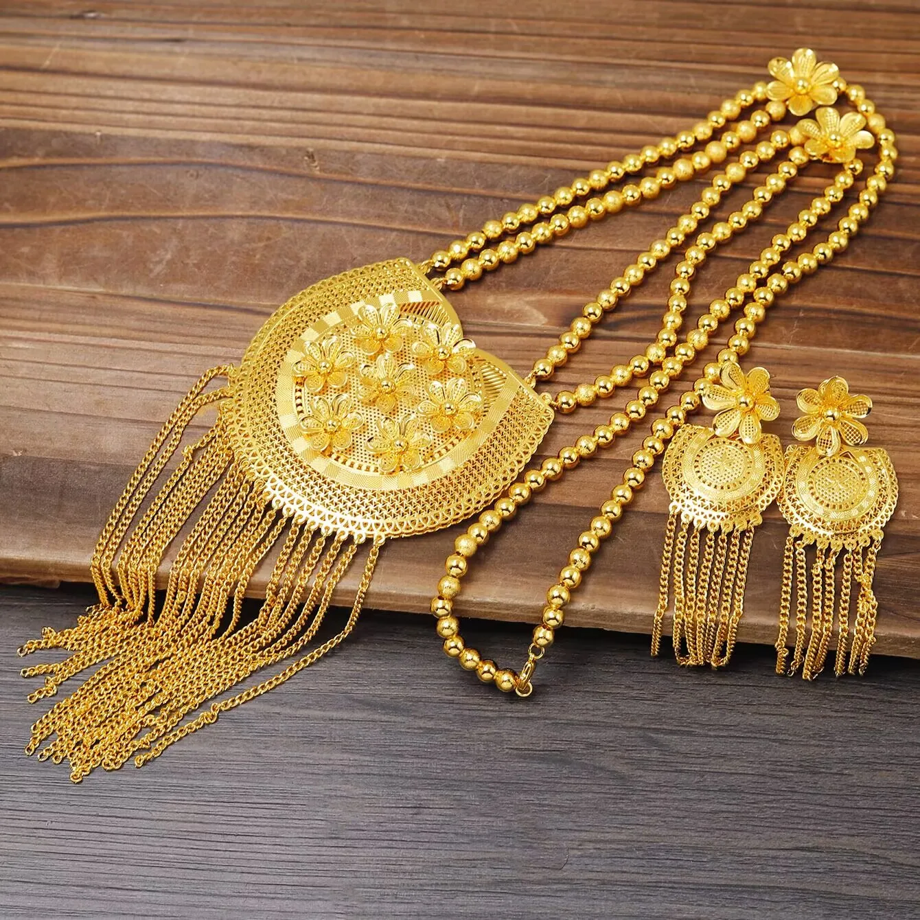 Baru Dubai Nepal Spanyol 24K Berlapis Emas Paduan Kalung Anting Pesta Pertunangan Perhiasan Set Hadiah untuk Wanita YY10679