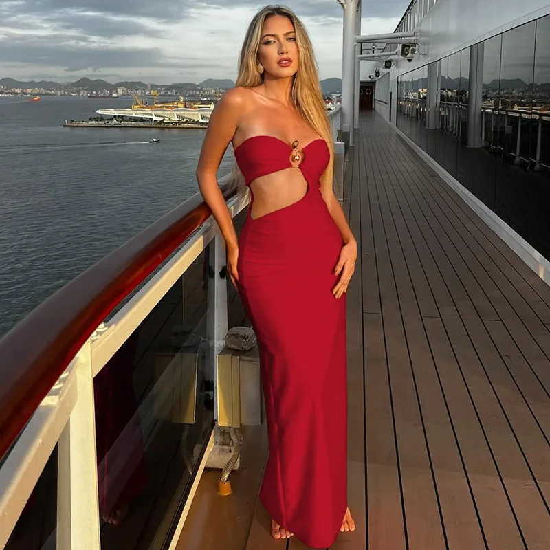 Black Strapless Beach Dress for Women Sexy Waist Cut Out Slim Maxi Party Dresses Summer Backless Holiday Bohemian Dress 2025