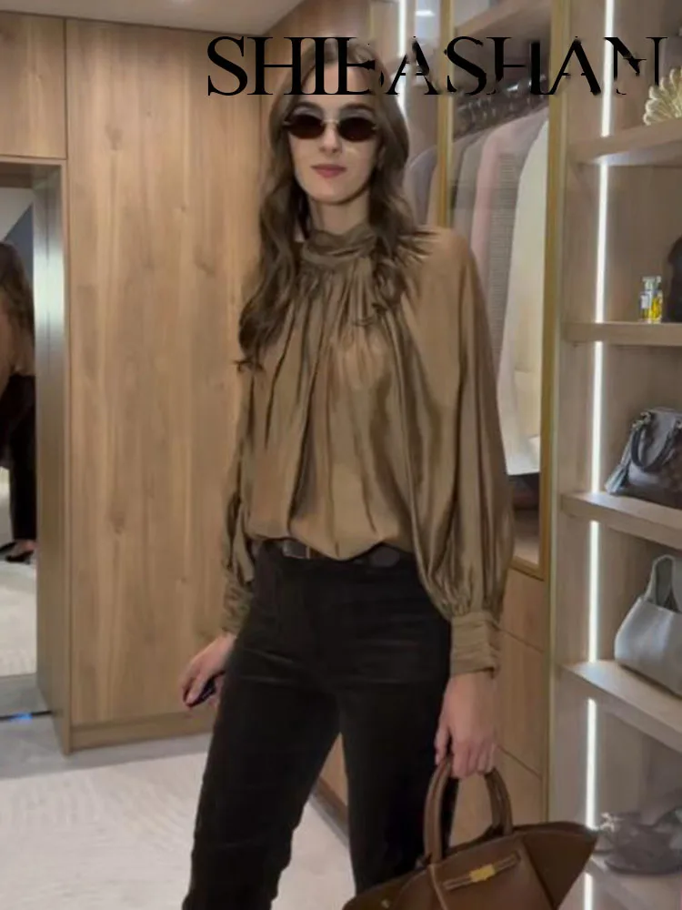 

HH Women's New Fashion Simple Versatile Standing Collar Draped Top Female High Street Temperament Lantern Long Sleeve Shirt