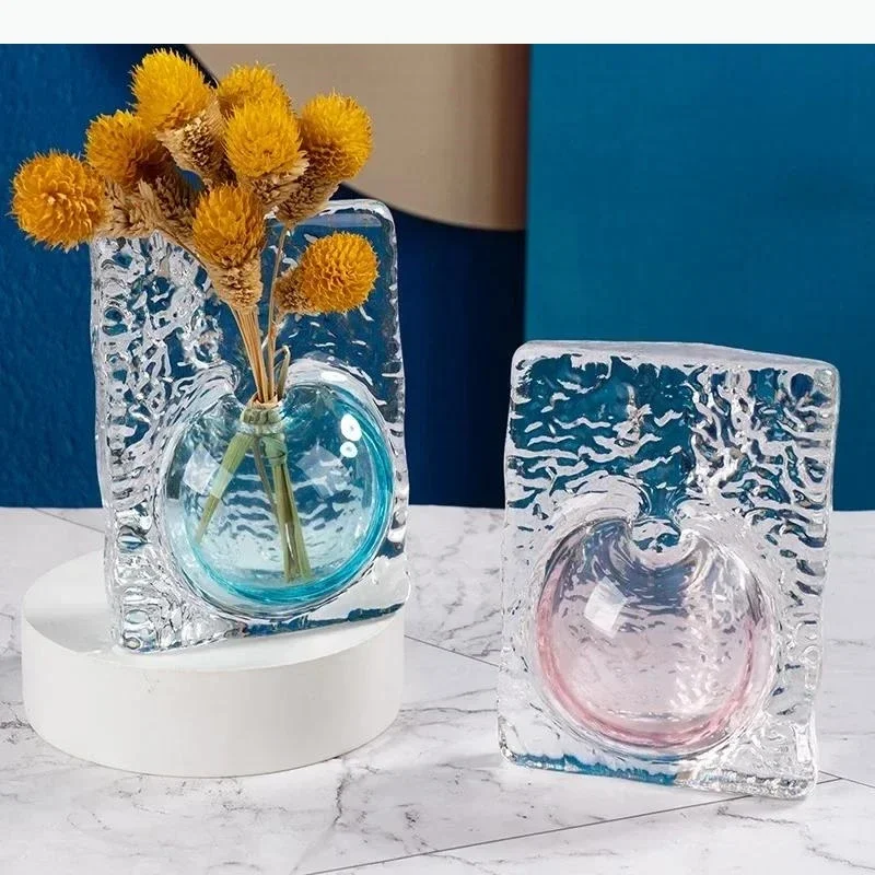 Transparent Glacier Wrinkles Glass Vase Hydroponic Flower Pots Desk Decoration Flower Arrangement Floral Vases Modern Home Decor