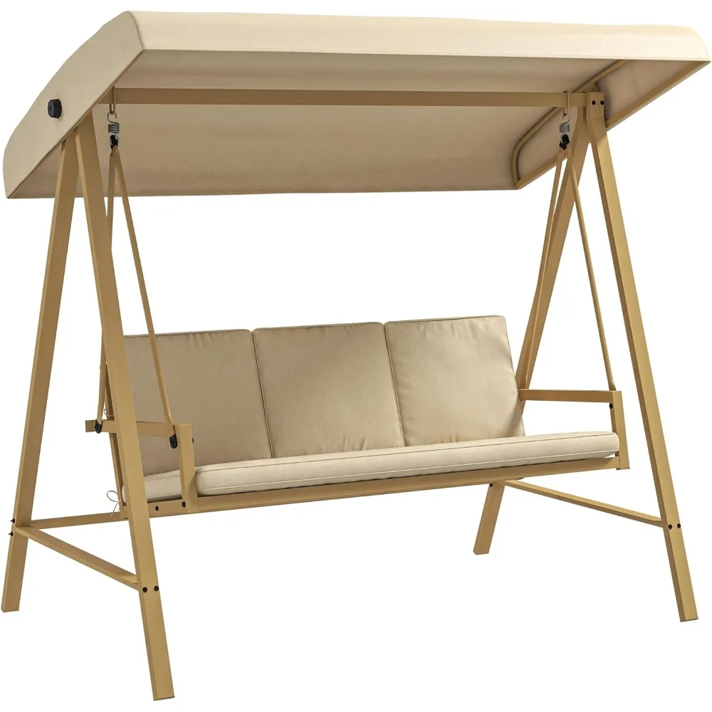 

3-Seat Outdoor Porch Swing with Stand, Heavy Duty Patio Swing Chair with Adjustable Canopy, Removable Cushions