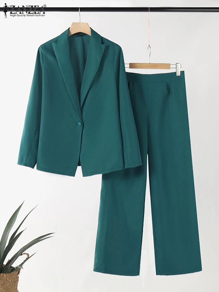 ZANZEA Elegant OL Work Pants Sets Fashion Women Long Sleeve Blazer Suits 2PCS Solid Office Lady Trousers Sets Commute Outfits