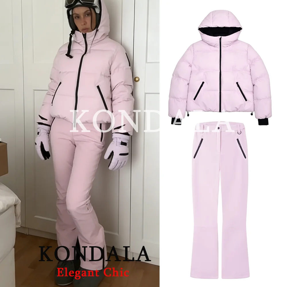 

KONDALA Women Pink Skiing Pants Set Zipper Pockets Hooded Slim Jacket Long Pants Fashion 2026 Spring Skiing Sports Pants Set