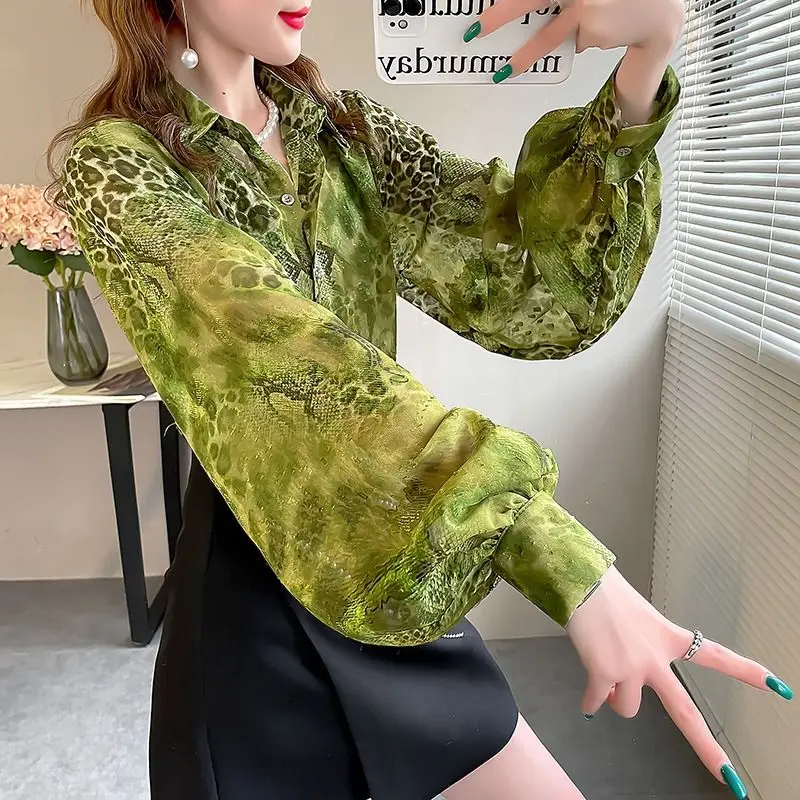 Elegant Fashion Harajuku Slim Fit Shirt Button Printed POLO Collar Long Sleeve Tops Women Loose Casual All Match Female Clothes