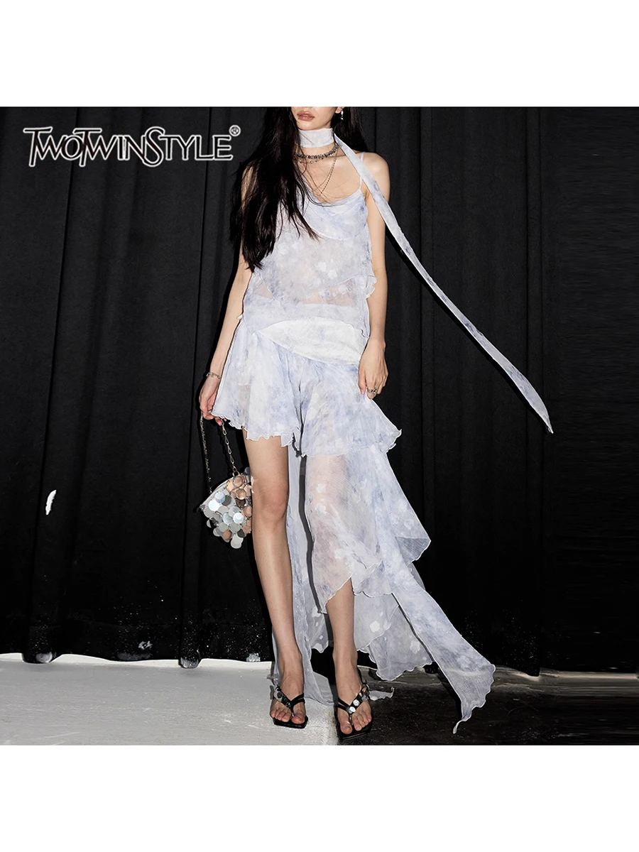 

TWOTWINSTYLE Hit Color Two Piece Set For Women Square Neck Sleeveless Top High Waist Spliced Ruffles Skirt Sets Female Fashion