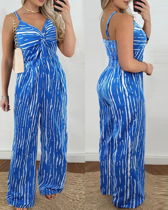 Jumpsuit Women 2024 Summer Fashion Striped Twisted Spaghetti Strap Pocket Design V-Neck Casual Daily Long Wide Leg Jumpsuit