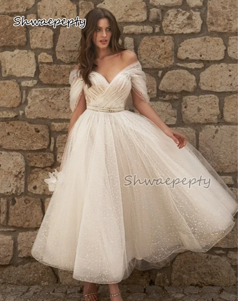 Tea-Length A-Line Ivory Wedding Dress Off Shoulder Backless Boho Bridal Gown Glitter Sequins Civil Wedding Gowns Customized