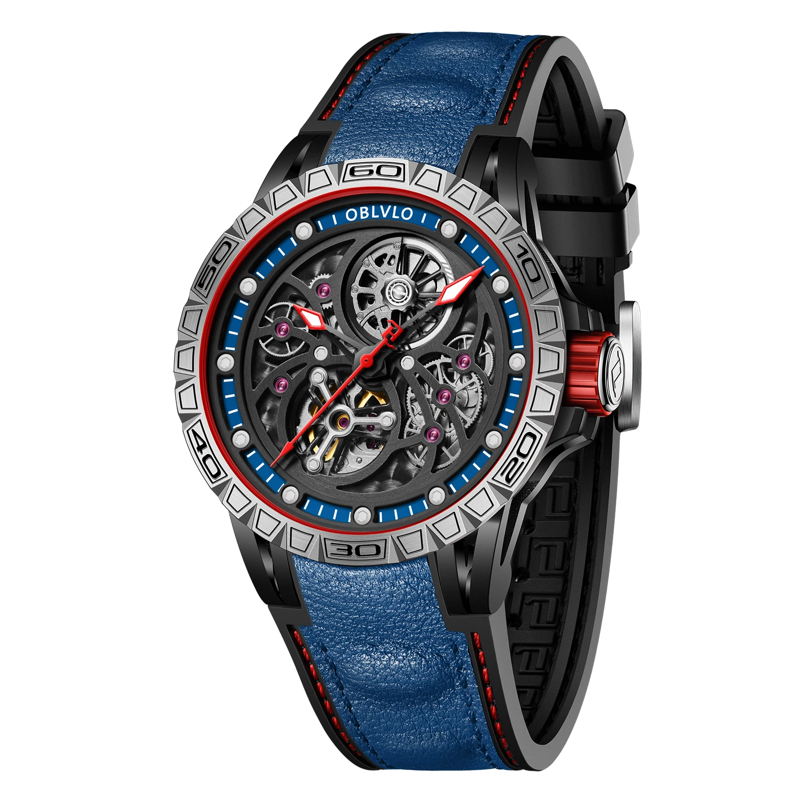 OBLVLO メンズ自動腕時計 47 ミリメートル高級機械式腕時計防水サファイア発光スケルトンダイヤル