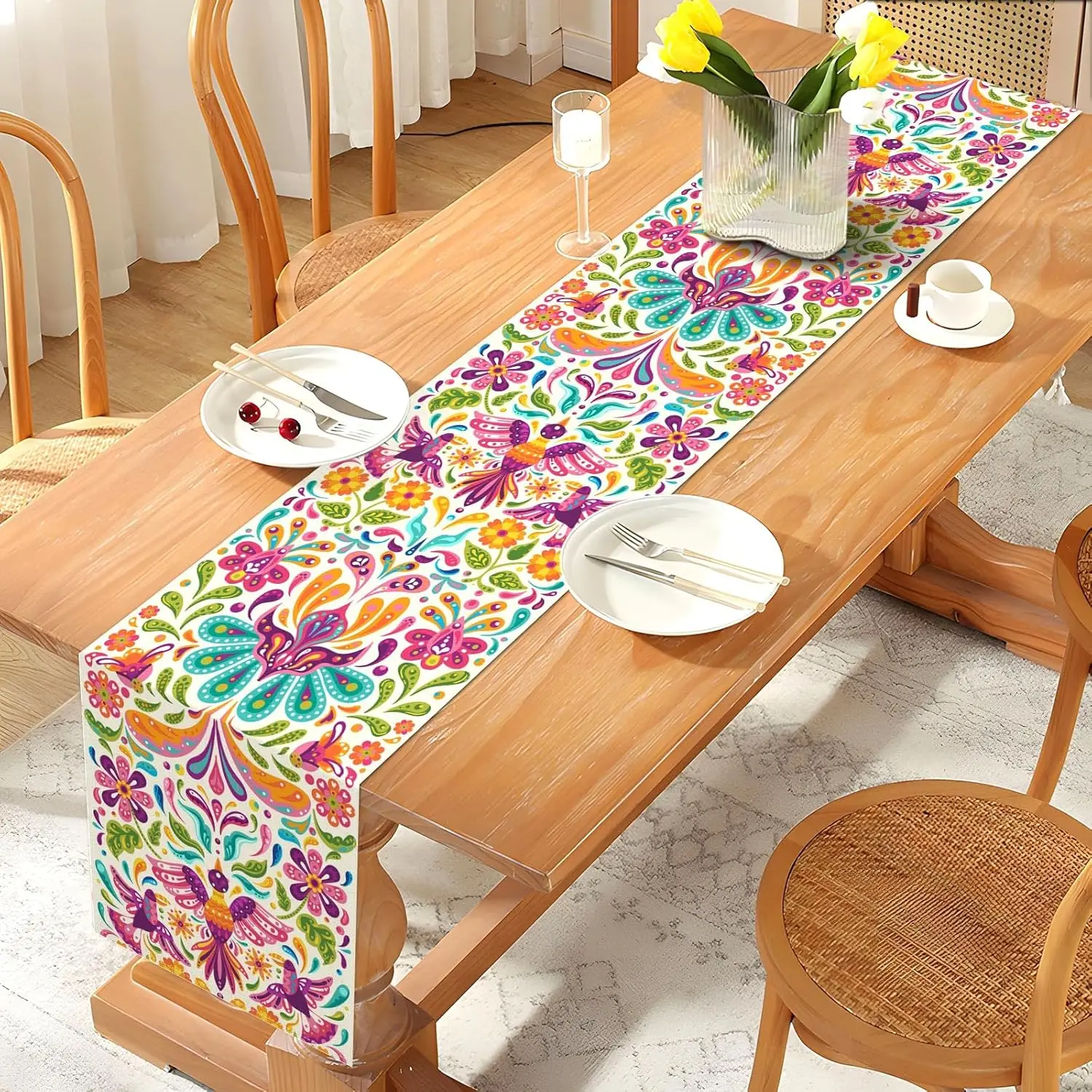 Mexican Otomi Table Runner - 1PC Day of The Dead Altar Ofrenda Folk Animal Totem Cover for Fiesta Party