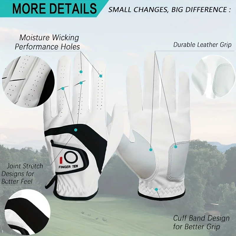 Golf Gloves Men Right Handed Golfer Left Hand 2 Pack Leather All Weather Grip Soft Breathable Flexible for Mens