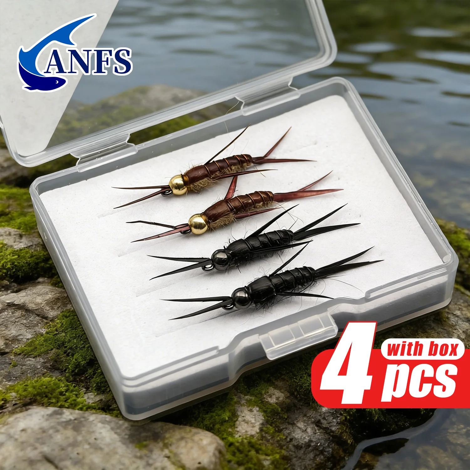 ANFS Moscas de Pesca con Mosca Atadas a Mano - Tamaño Nymph STONE # Paquete de 12, 4 Ganchos para Moscas