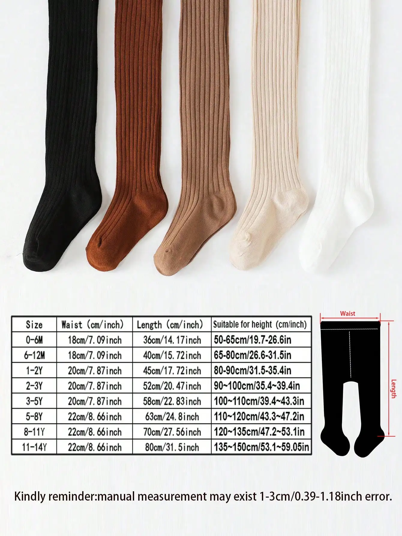 5 Pairs Girls Solid Color Vertical Striped Knit Tights Regular Style Suitable For All Seasons Autumn Winter