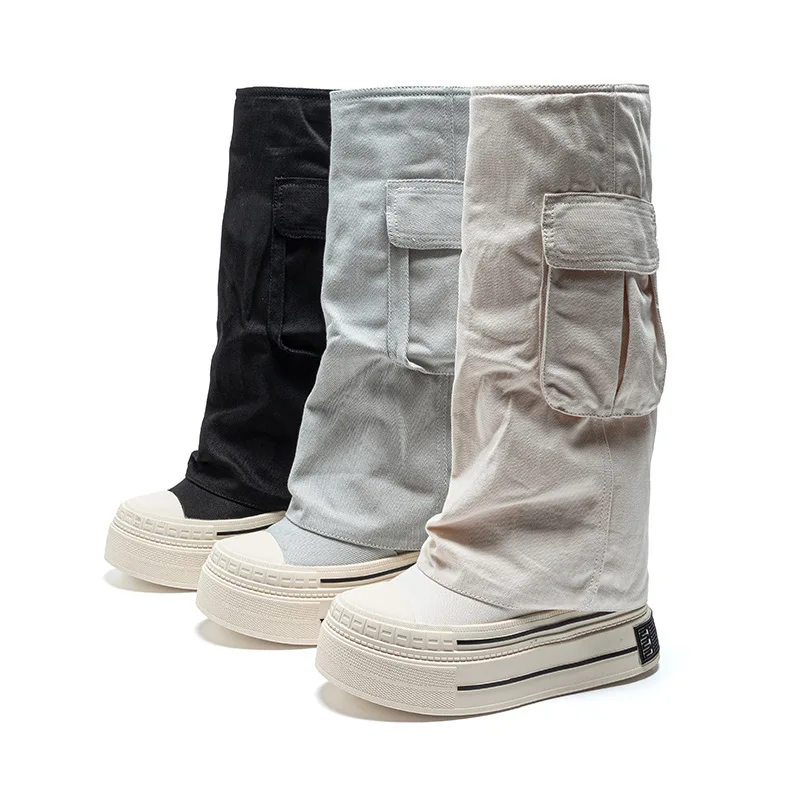 2026 Women Fashion Canvas High Boots Height Increasing Sole 12CM Trendy Street Boots Zipper Open Pocket Platform Summer High