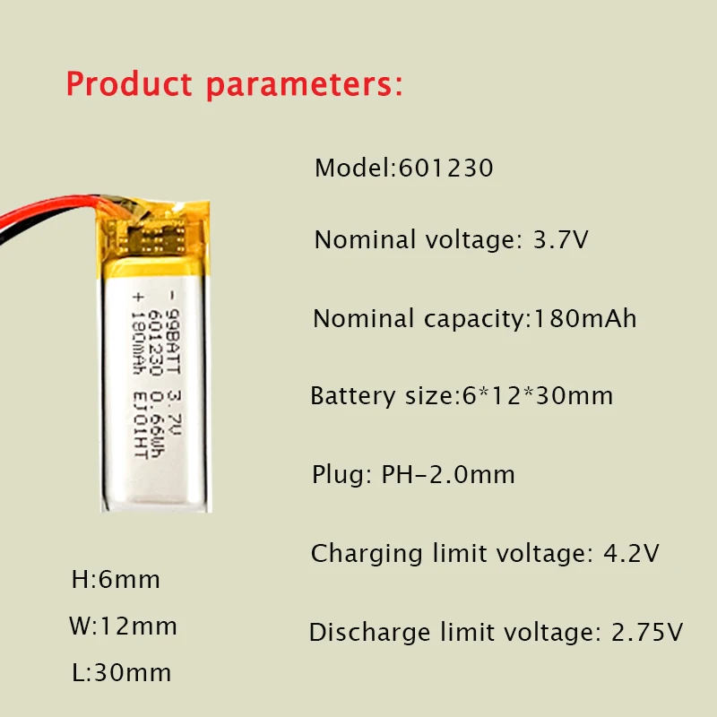 Akumulator litowo-jonowy 601230 180mAh 3.7V do wielokrotnego ładowania, polimerowy, litowy, do zestawu słuchawkowego Bluetooth TWS, wentylatora ręcznego, dyktafonu, długopisu, Walkmana, MP3 — zdjęcie produktu 5