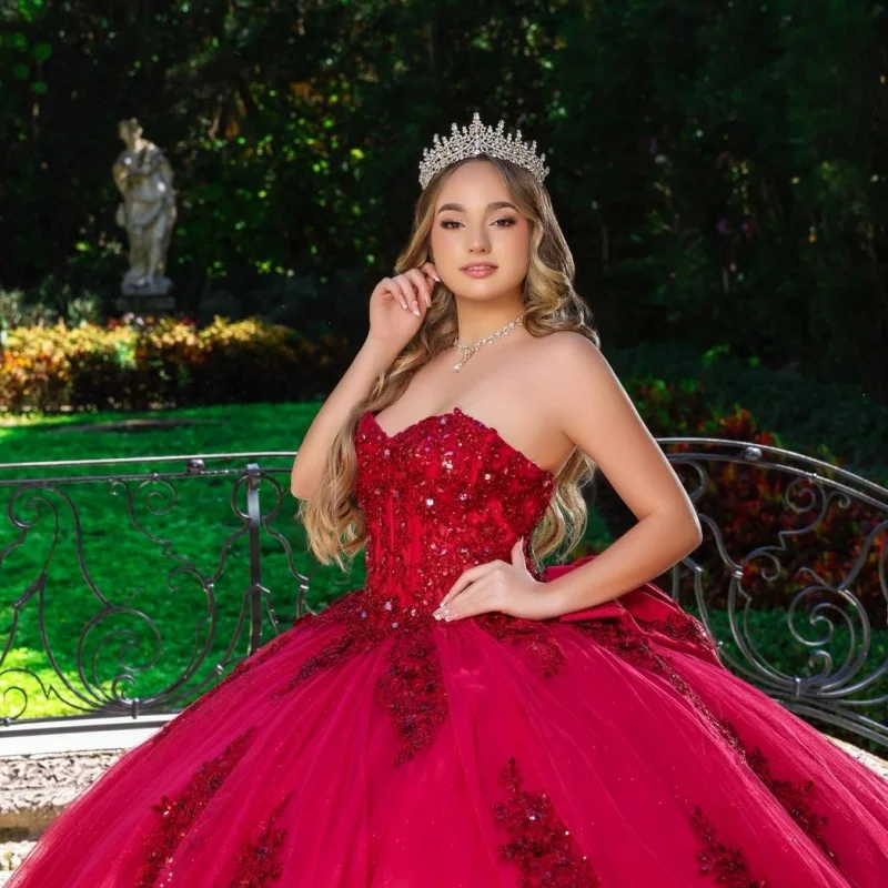 

Shiny Burgundy Quinceanera Dresses Off the Shoulder Sequin Decal Long tail Bow Vestido De 15 Quinceanera Customize