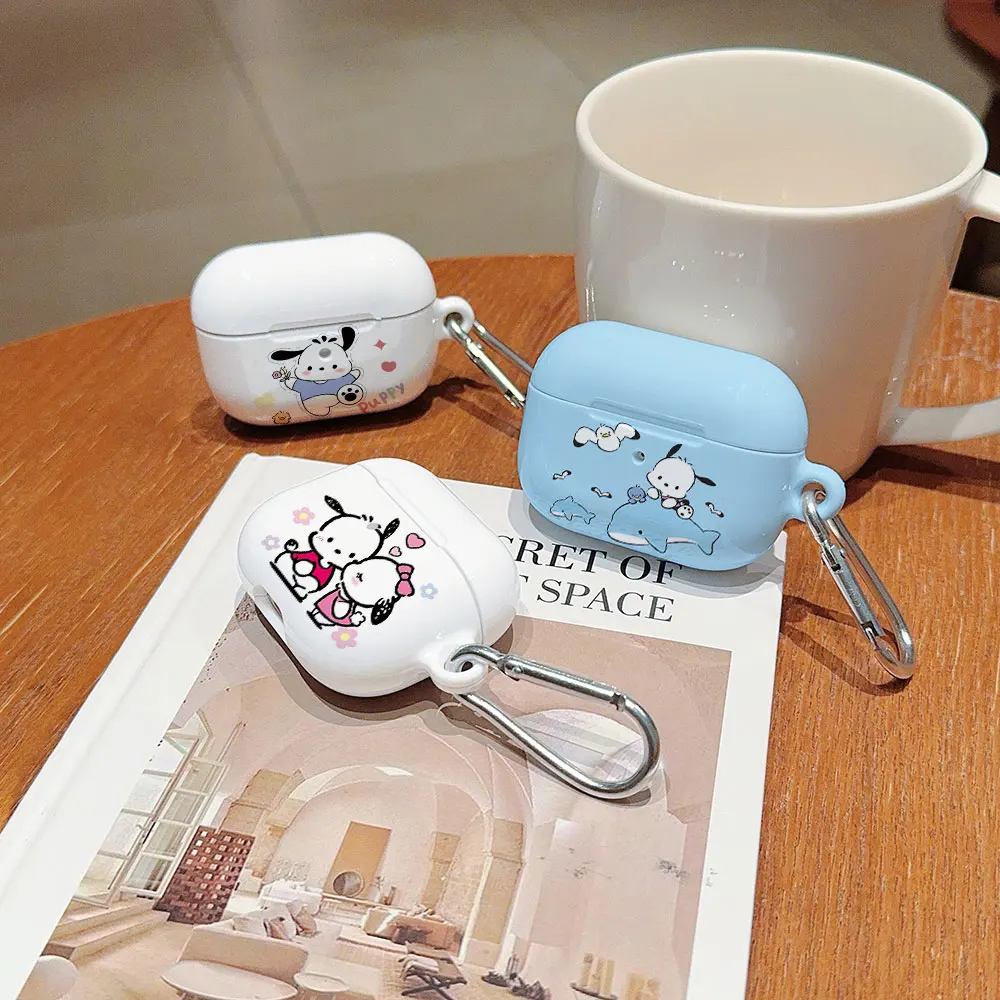 Cute Anime Pochacco Shockproof Protective Glossy HD Hard PC Earphone Cover Case For AirPods 1 2 3 Pro Pro2 with Metal Hook