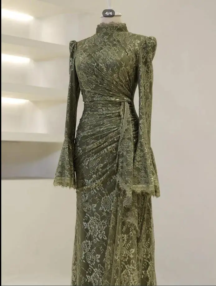 Customized Olive Green Lace Wedding Guest Gown High Collar Flare Sleeve Evening Dress Pleat Soft Long Formal Outfit