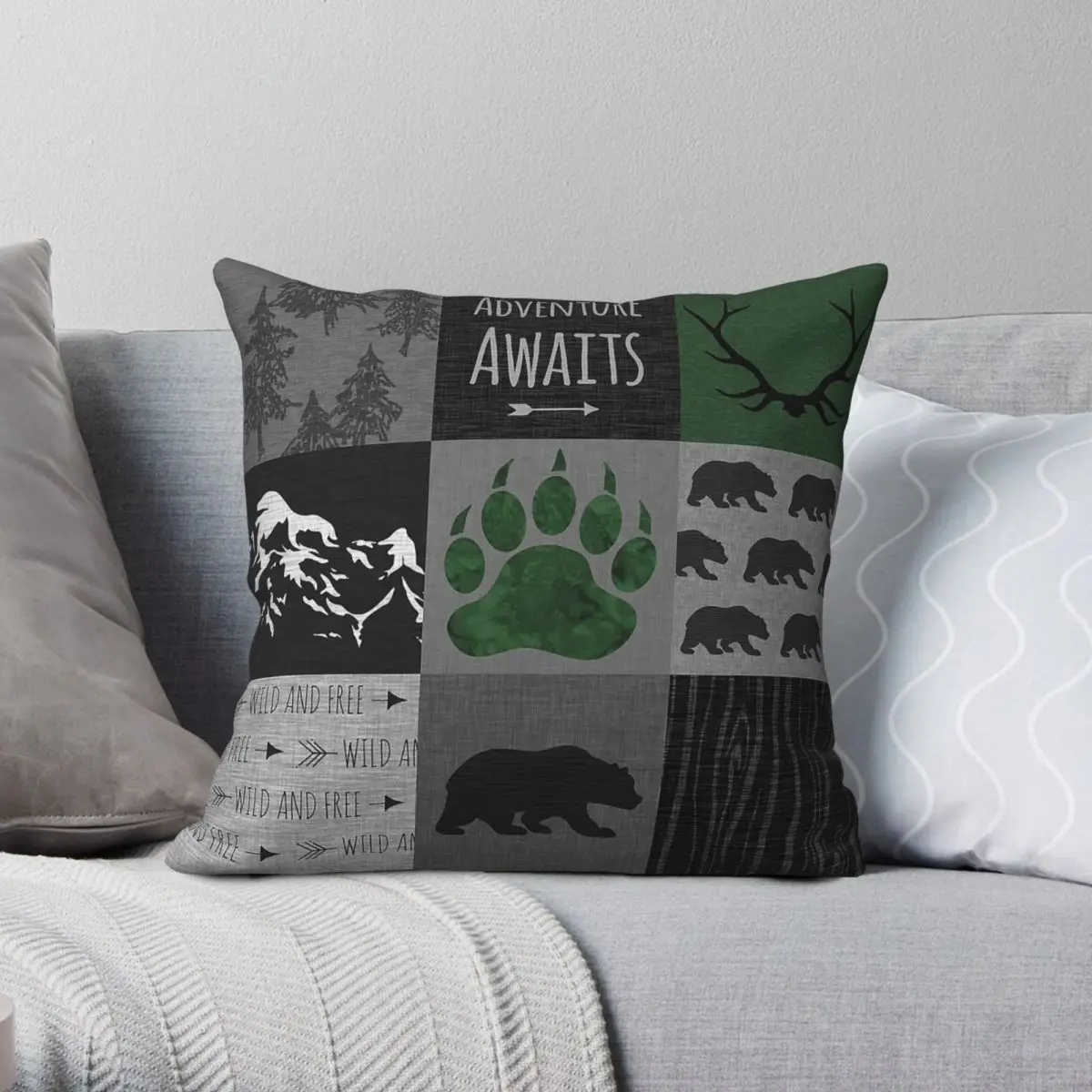 Adventure Awaits Bears Patchwork Square Pillowcase Polyester Linen Velvet Creative Zip Decor Pillow Room Cushion Cover Wholesale