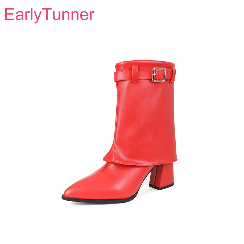 2026 Winter Fashion Women Mid Calf Boots Pointed Toe High Block Heels Lady Party Shoes Large Plus Size 11 44 48 50 Fold Over