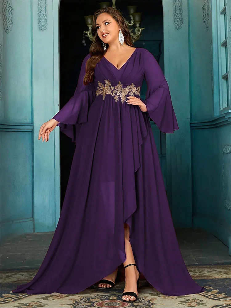 Plus Size V Neck Chiffon Luxury Wedding Dance Evening Dress 4XL 5XL Big Size Floor Standing Bridesmaid Prom Gown Evening Dress