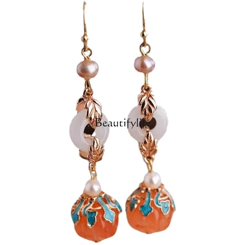 

New Chinese cheongsam accessories ethnic style ear hook national style temperament orange pumpkin pearl earrings